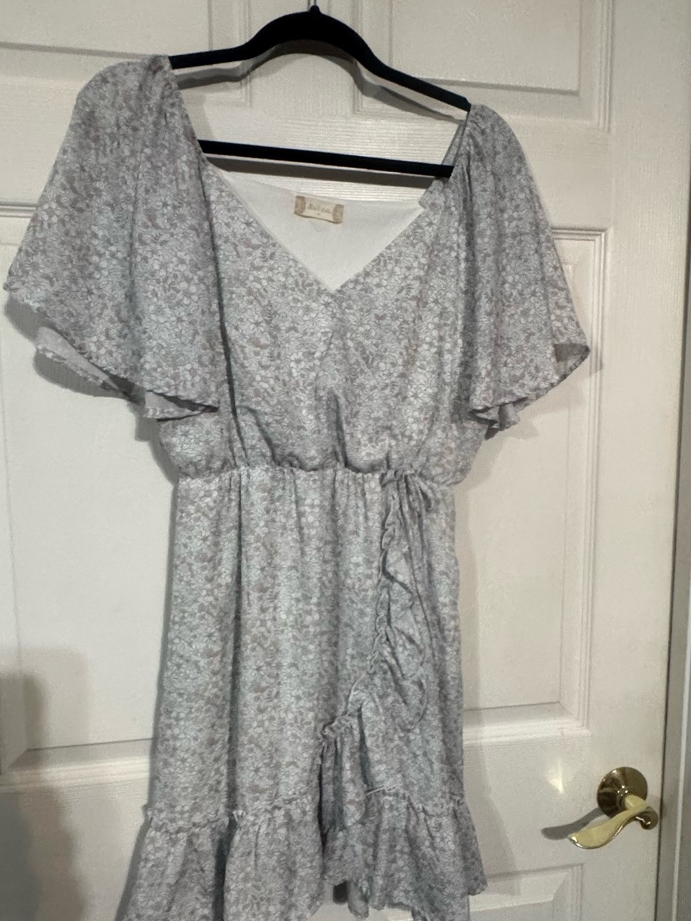 Ditsy Floral Flutter-Sleeve Faux Wrap Mini Dress -
